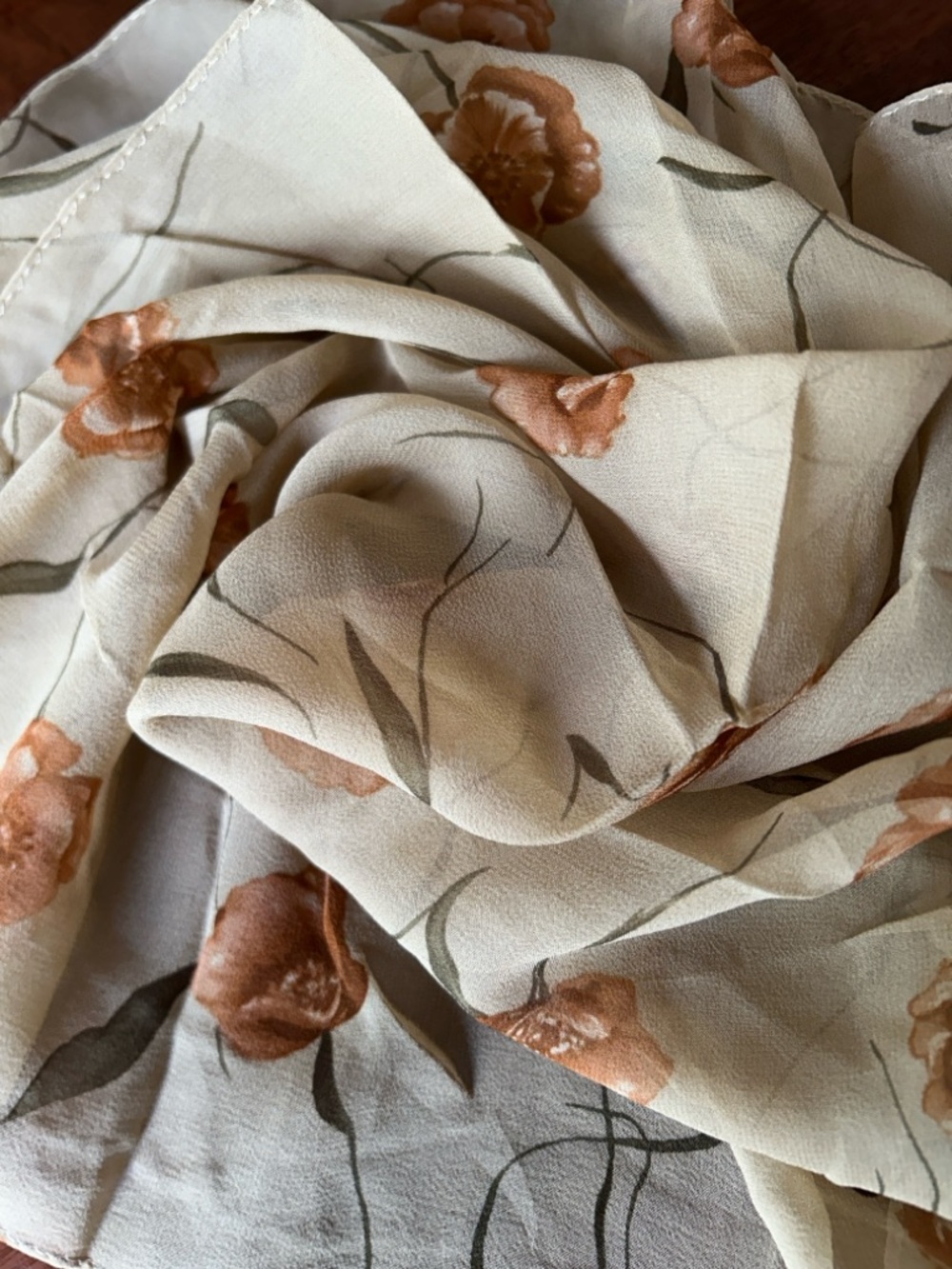 Cream Floral Lightweight Scarf with Rust Flowers by CEJON made of silk in Korea